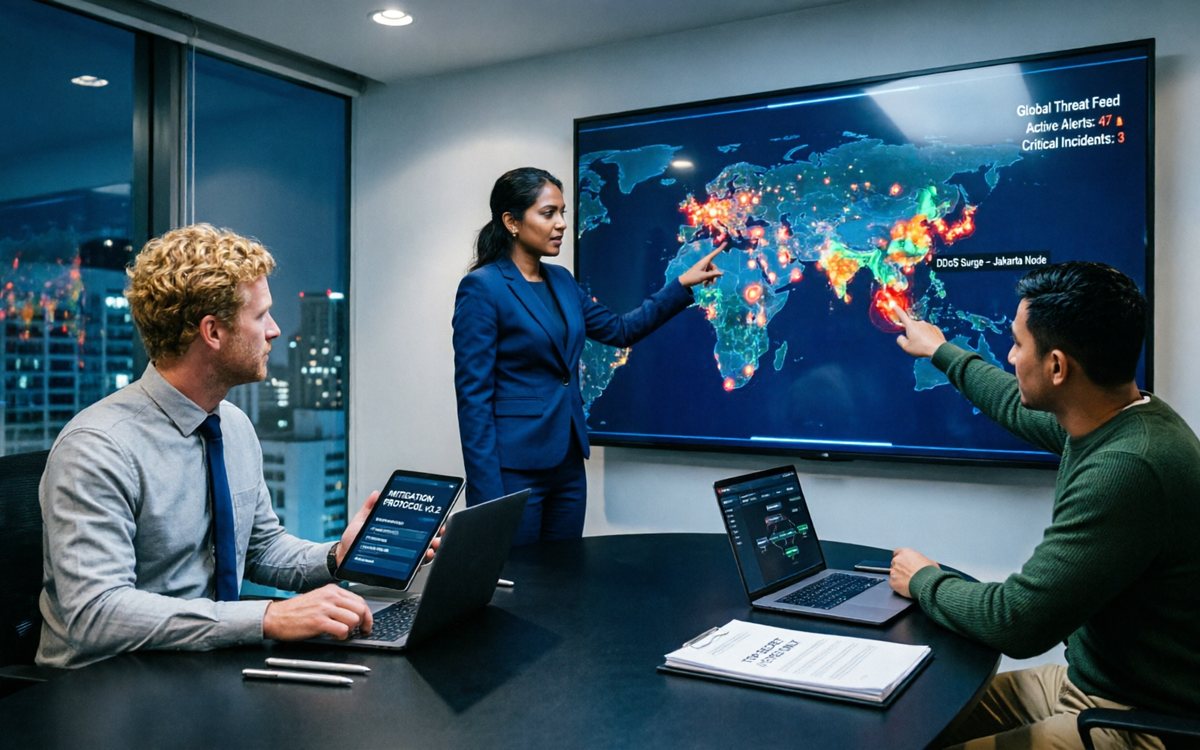 Team monitoring a live global threat feed map showing active alerts