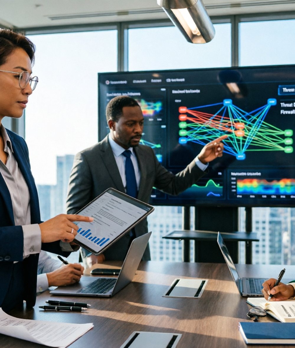 IT specialists reviewing a live network threat-detection dashboard in a boardroom