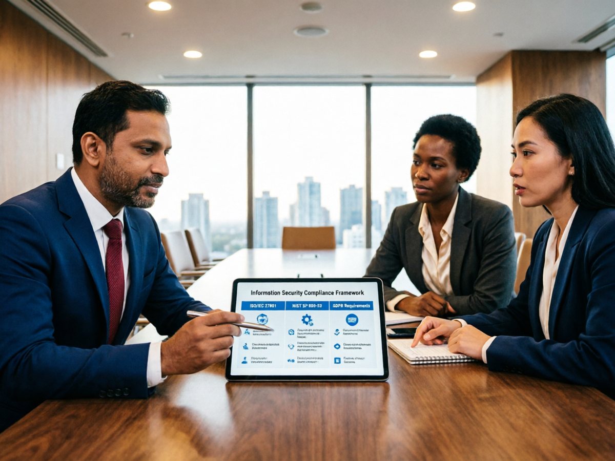 Consultants reviewing an information security compliance framework covering ISO 27001, NIST and GDPR
