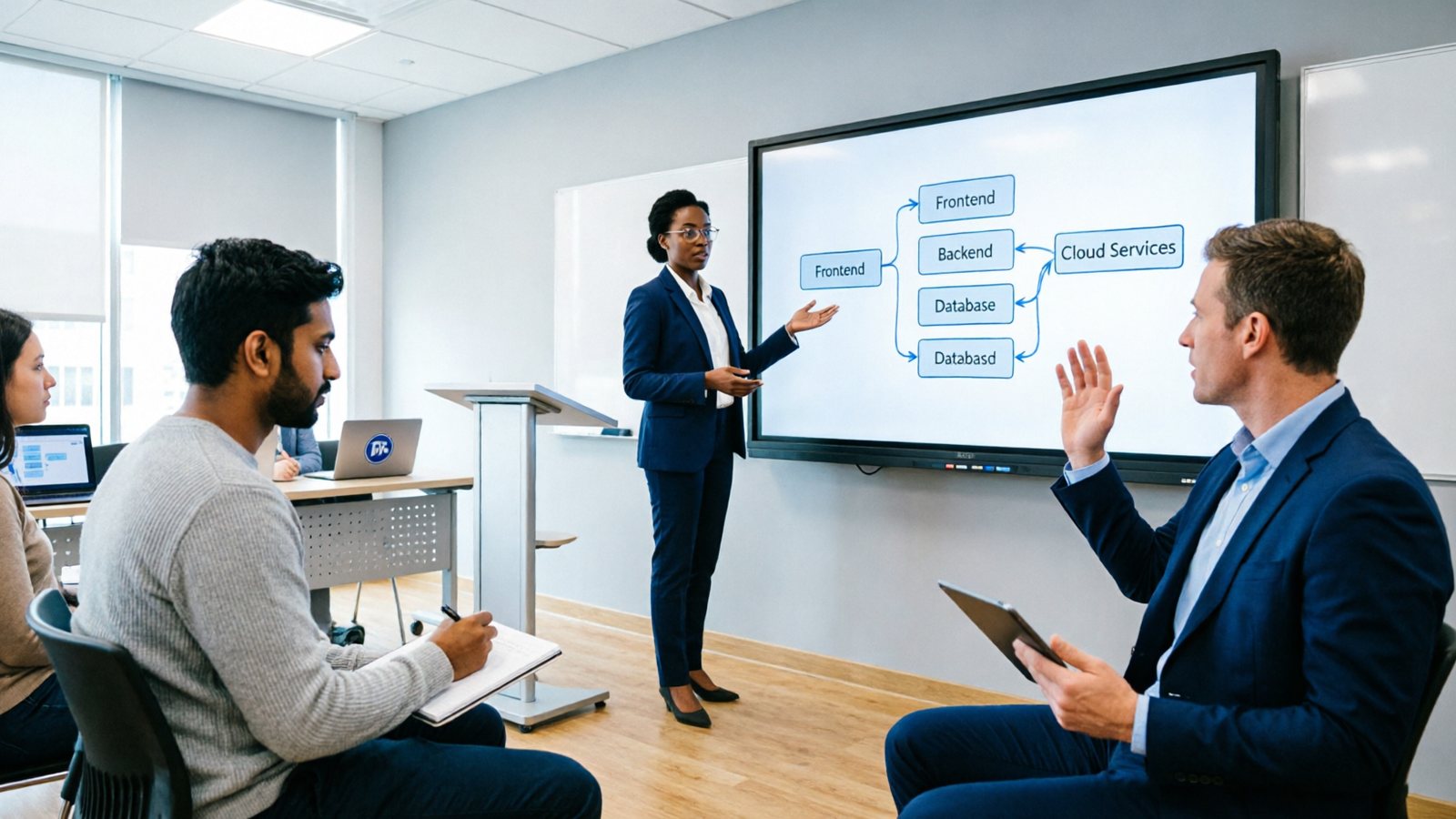Instructor leading an IT architecture and systems design training session with a diagram on screen