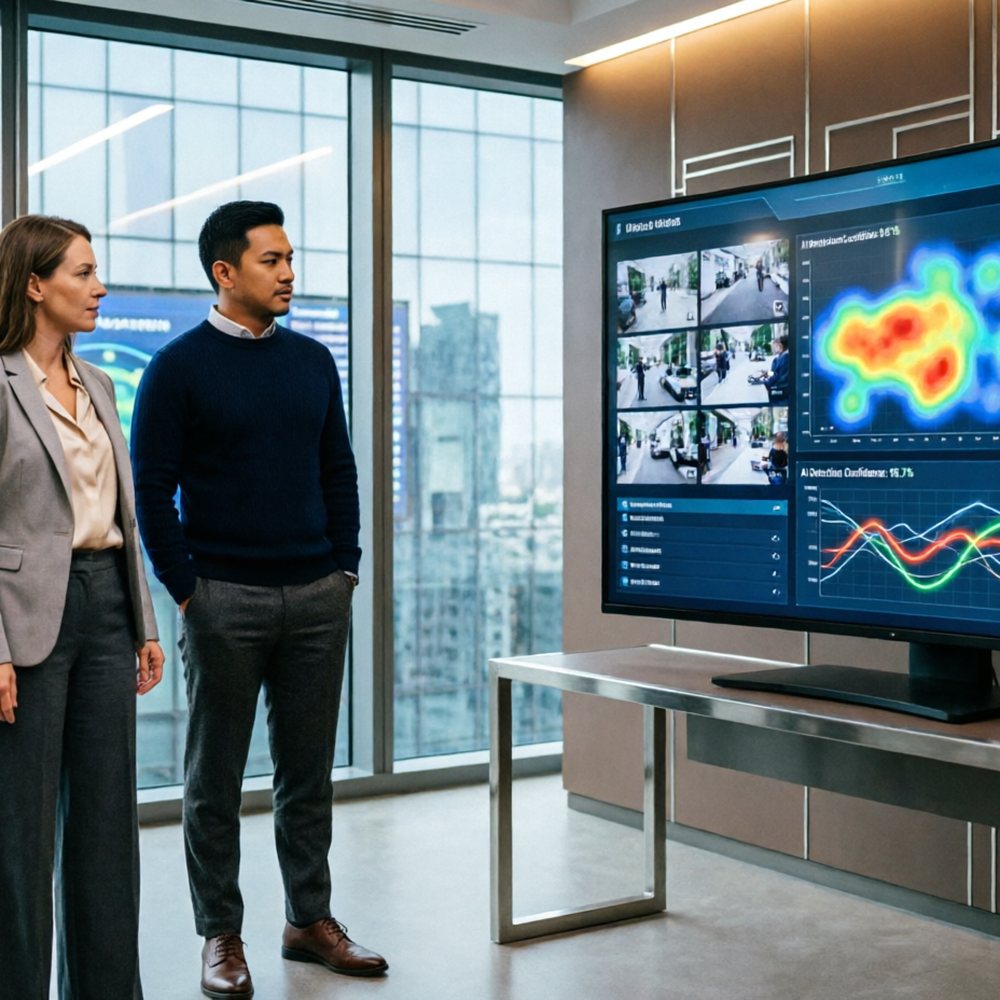 Team reviewing AI detection confidence scores and analytics heatmaps on a large display