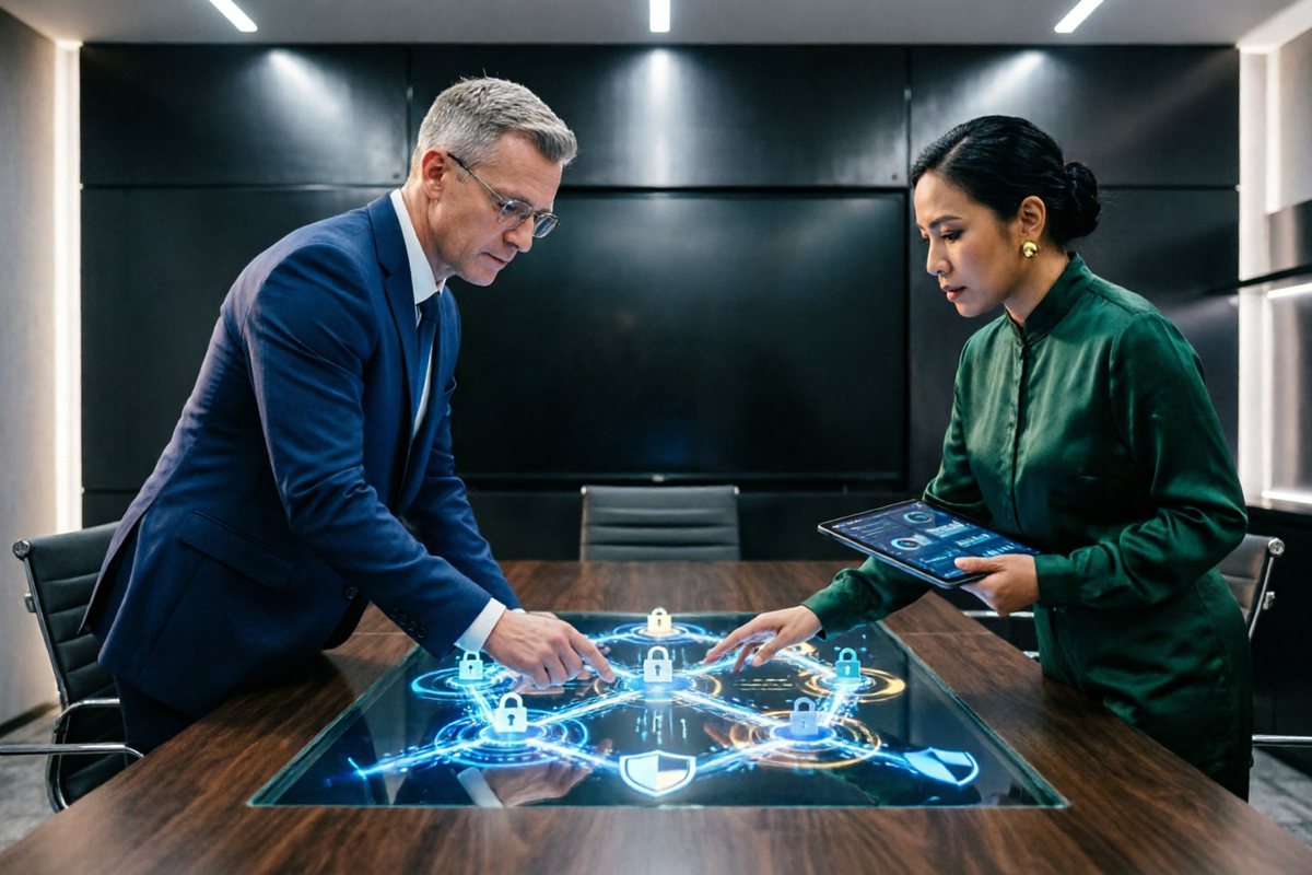 Security consultants reviewing an interactive network security map with lock icons on a boardroom table